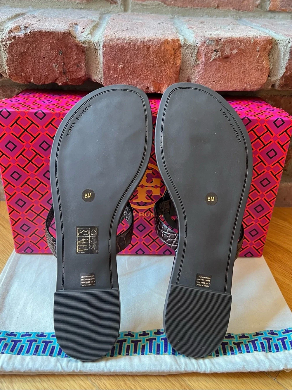 Tory Burch Coco Bark Dark Brown Croco Embossed Leather Metal Miller Sandals